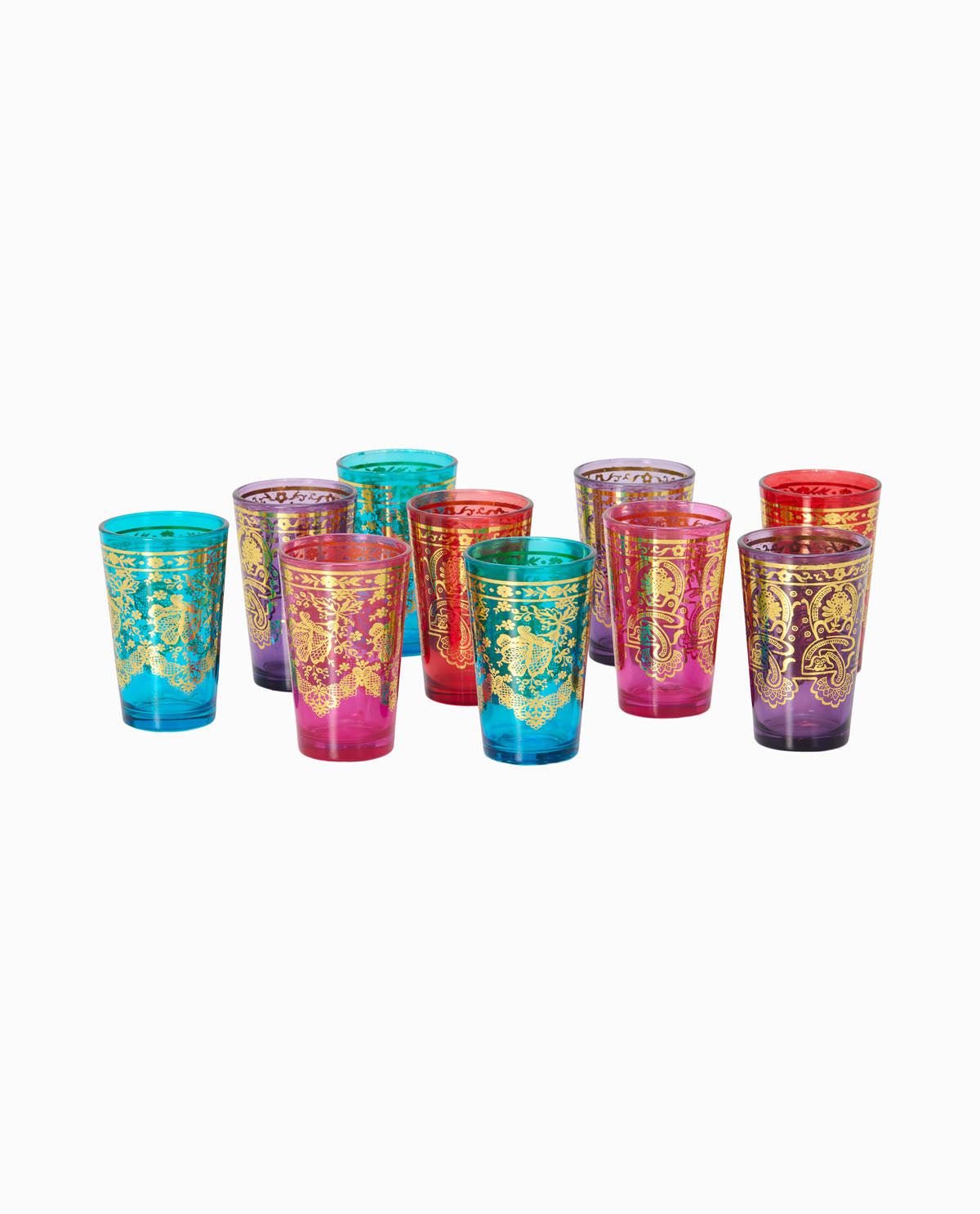 DONREGALOWEB Set van 6 theeglazen van gekleurd glas met gouden etnische patroon, meerkleurig, 9 cm